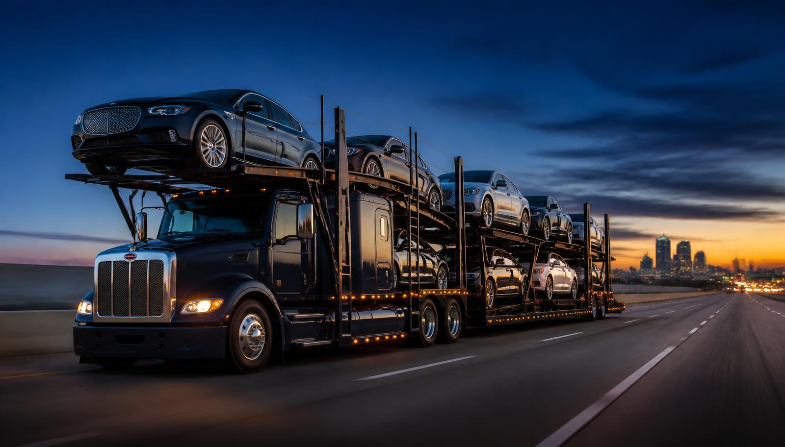 Modern car carrier loaded with vehicles on the highway at dusk